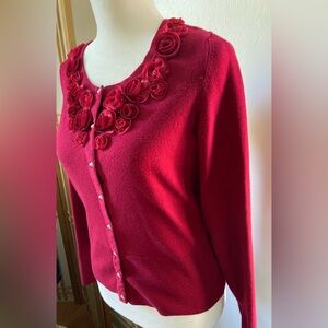 WHBM White House Black Market Rose Embellished Burgundy Sweater Cardigan, Size M
